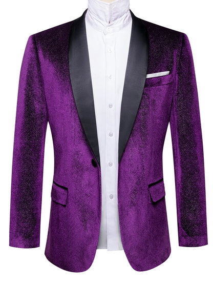 Glitter Purple Velvet Mens Tuxedo Jacket, Satin Lapel Single Breasted Blazer Wedding Prom Party Suit Coat
