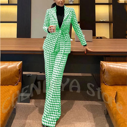 New Houndstooth Suit Two Pieces Regular Fitted Straight Peaked Lapel Fashion Jacket with Blazer Elegant Lady Sets Customized
