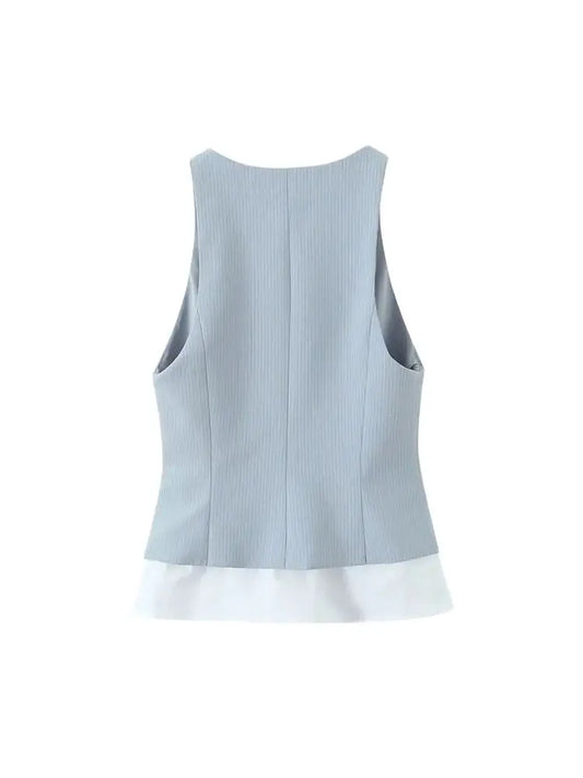 Women's Fashion Striped Patchwork Vest Sleeveless V-Neck Waistcoat Chic Outerwear Front Button Chic Vest Tops