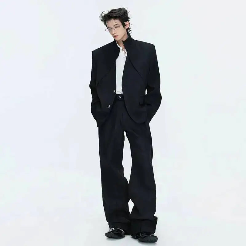 2026 Spring Patchwork Design Cross Collar Solid Color Casual Jacket Men Fashion Elegant Temperament Straight Pants JY6553