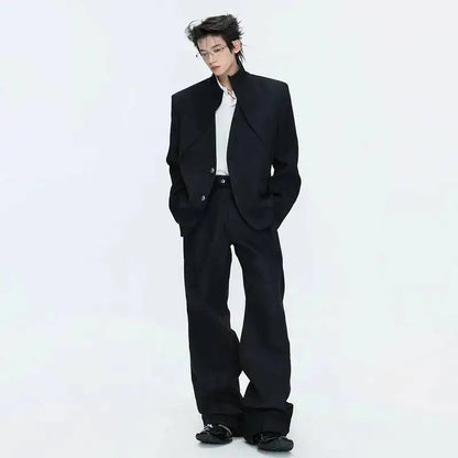 2026 Spring Patchwork Design Cross Collar Solid Color Casual Jacket Men Fashion Elegant Temperament Straight Pants JY6553