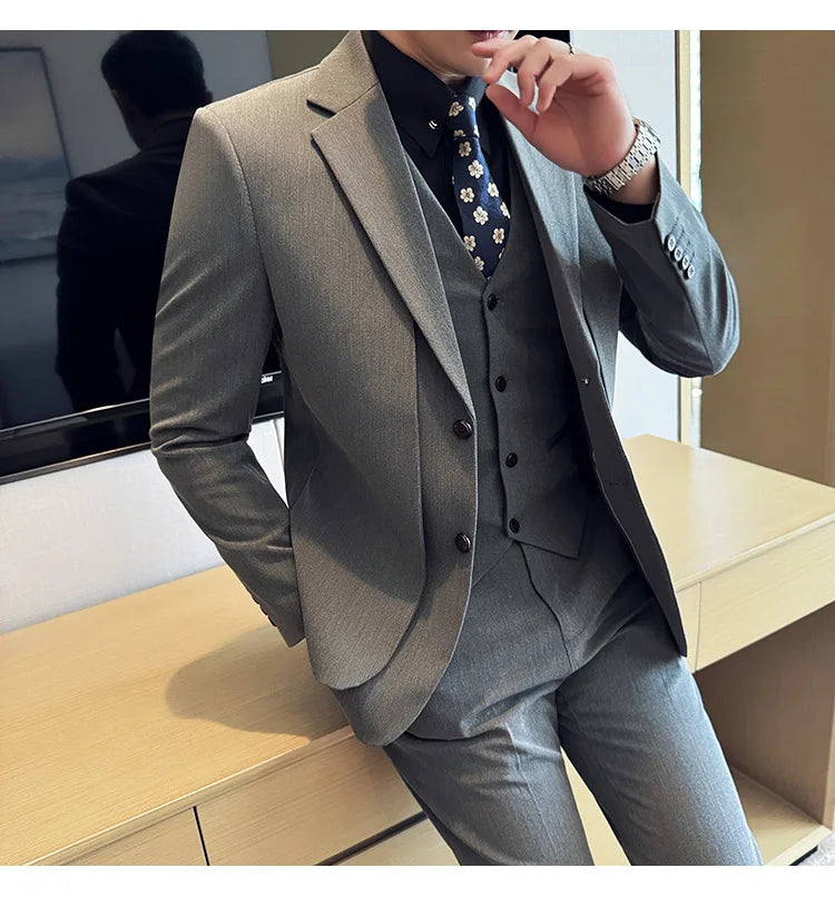 British Style Fake Two-piece Suit Set Men's Wedding Groom Dress 3 Piece Set Suit Vest Trousers Slim Office Business Casual Suits