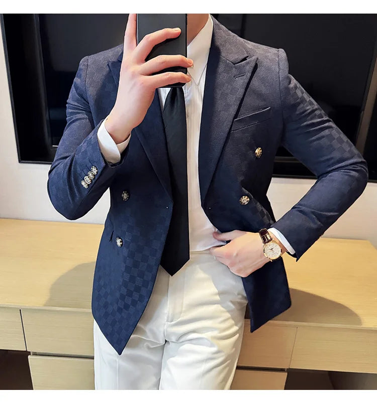 6 Color Luxury Double Breasted Blazers Coats 2024 New Fashion Checkered Business Slim Fit Social   Formal Suit Jacket 5XL-M