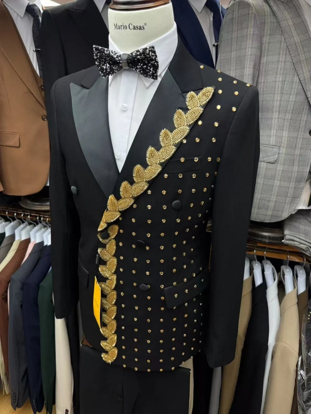 Golden Beaded Men's Suits 2 Pieces For Party Double Breasted Handsome Suit Set For Men Dancing Wear Long Sleeve Tuxedo S-3XL