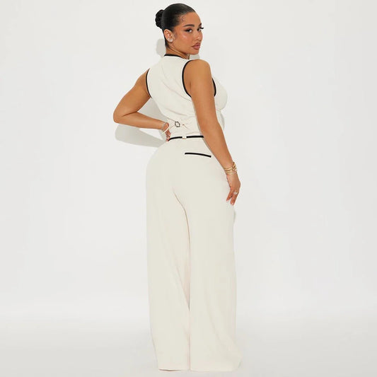 Sexy Women White Sleeveless Vest Wide Leg Pants 2Piece with Contrast Trim Office Pants Set Double Breasted Formal Banquet Outfit