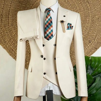 Men Suit Brown 3 Piece Solid With Lapel For Wedding Groom Birthday Banquet Party Prom Business Office Work Jacket Vest Pants