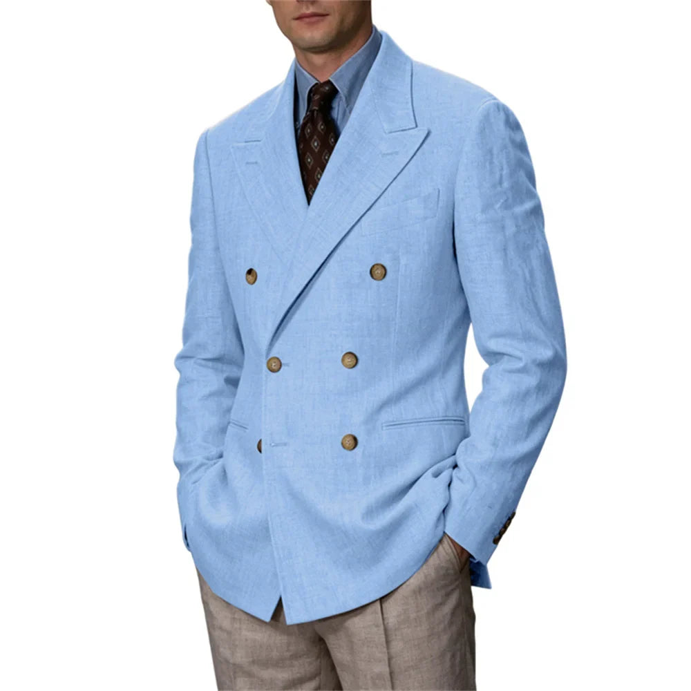 Men Linen Blazer Double Breasted Jacket Lightweight Soft Slim Coat For Business Wedding Casual Daily Party Vacation Dating