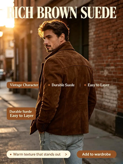 Men Faux Suede Jacket Double Breasted Lapel Collar Casual Blazer Vintage Comfort Business Office Autumn Winter Fashion Male Coat