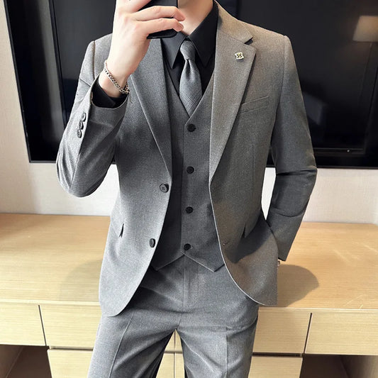 (Jacket+Vest+Pant) Luxury Men's Slim Fit Suits 3-Pcs Formal Business Work Wedding Stage Tuxedo High Quality Suit Plus Size 7XL-S