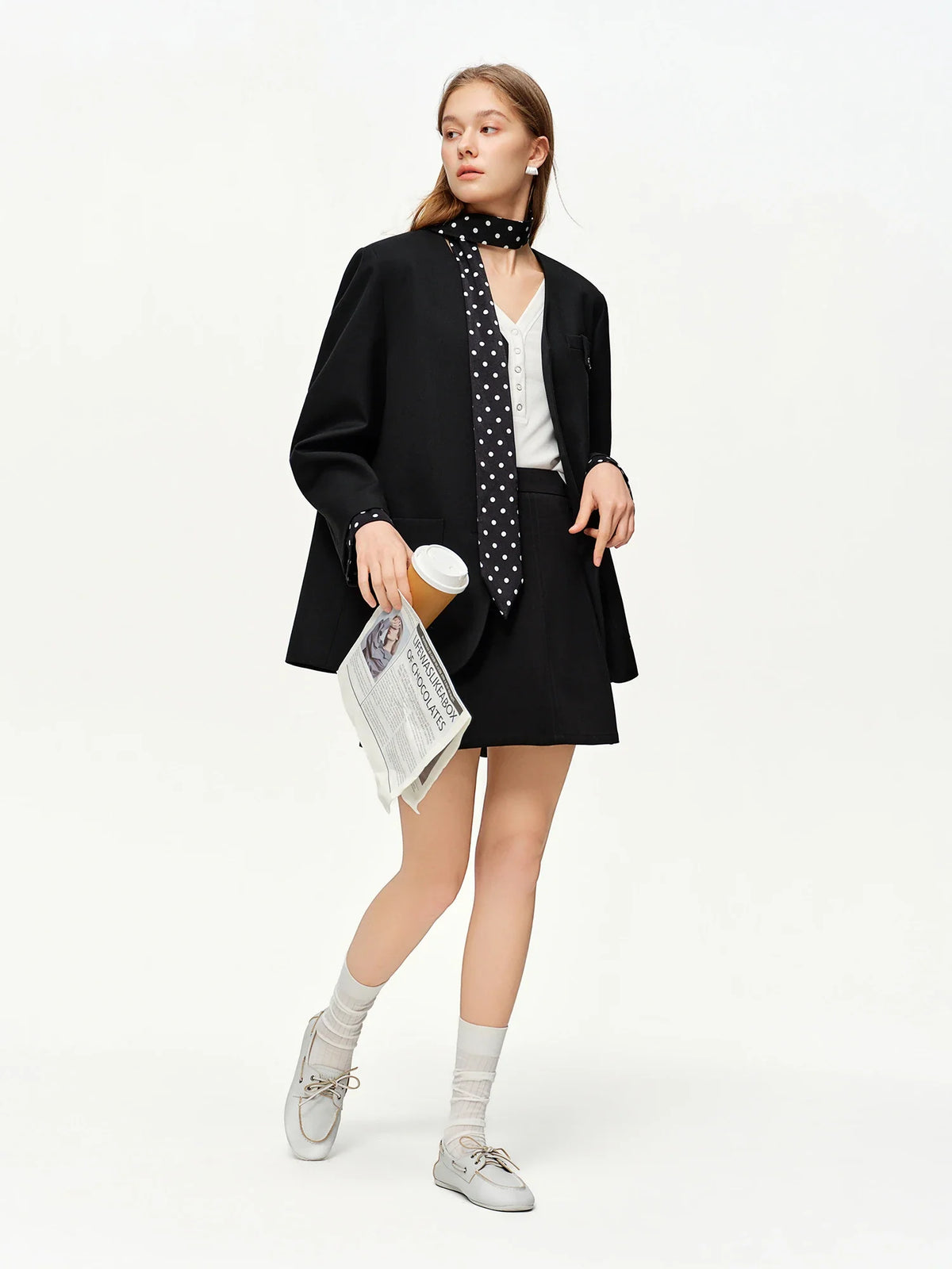 2025 Women's Black Polka Dot Blazer Spring New V-Neck Ribbon Bow Tie Long Sleeve Slim Jacket Retro Office Chic Outerwear