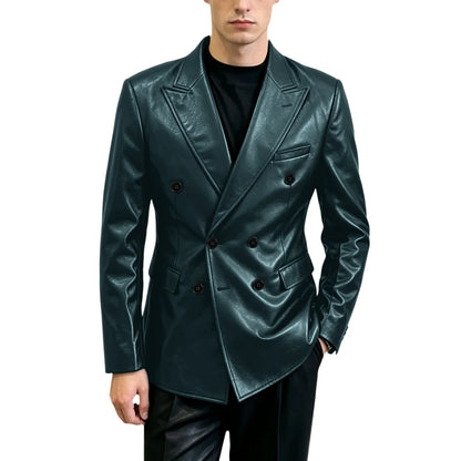 Vintage Men's Brown Leather Blazer Double Breasted Peak Lapel Slim Fit Suit Jacket High Quality Fashion Sport Coat Business Casu