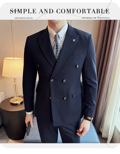 Men's Double Breasted Slim Fit Suit Set – Wedding & Smart Casual – Navy Blue, Brown, Black