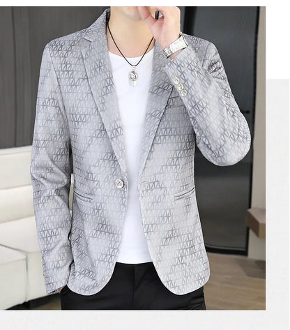 Korean Fashion Suit Jacket Men Slim Fit Geometric Printed Casual Business Blazers Autumn Social Groom Hairstylist Uniform Jacket