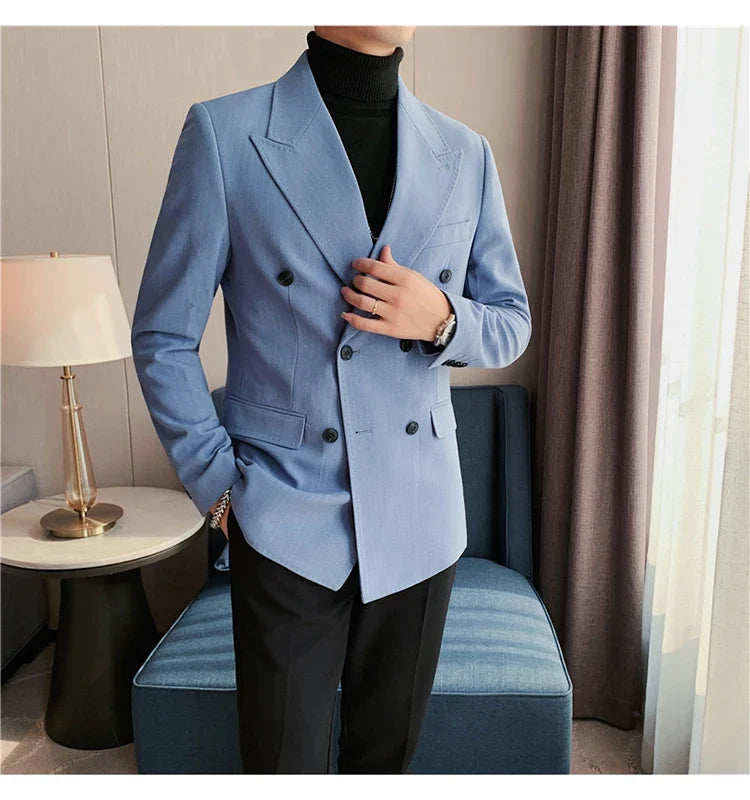 High Quality Double Breasted Suit Jacket Men Striped Casual Business Blazer Slim Fit Wedding Groom Office Social Dress Coat