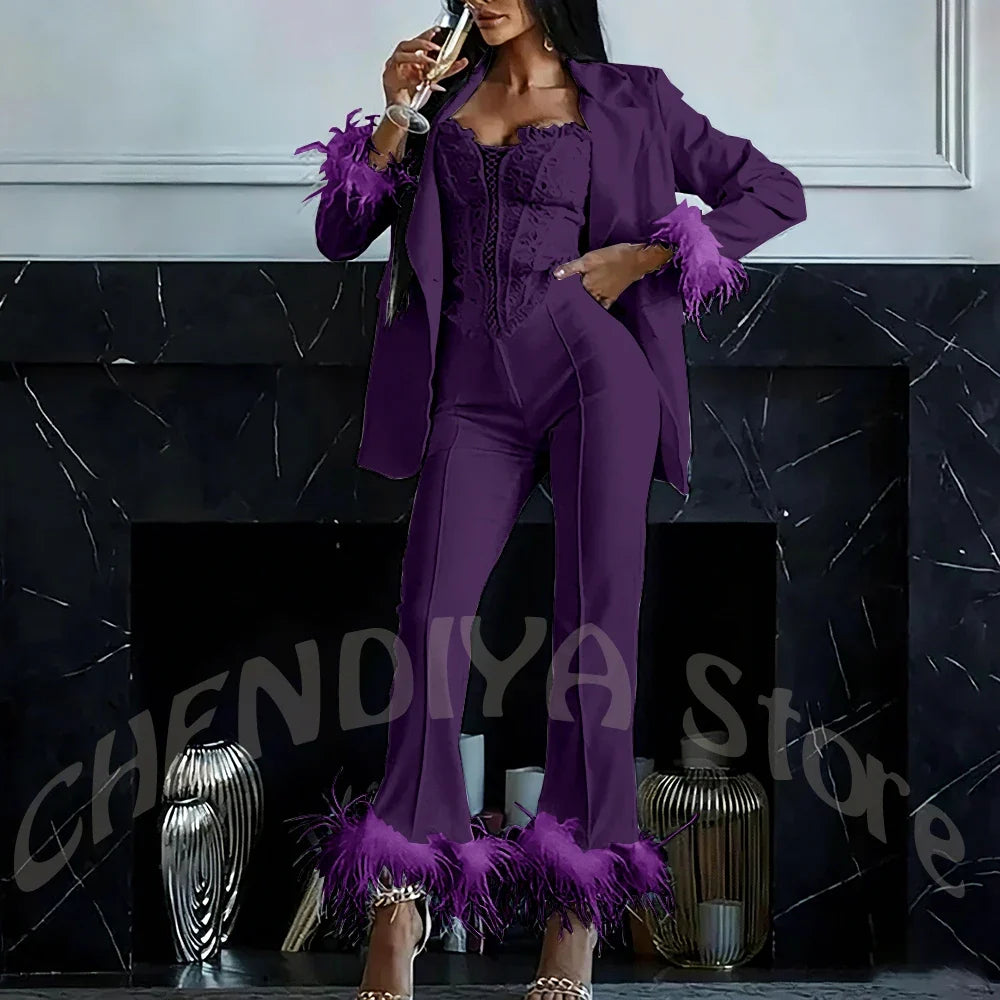 Women's Two Pieces Set Luxury 2026 Slim Fit Notch Lapel Glamorous Feather Blazer Formal Evening Party Tailored Made Outfit