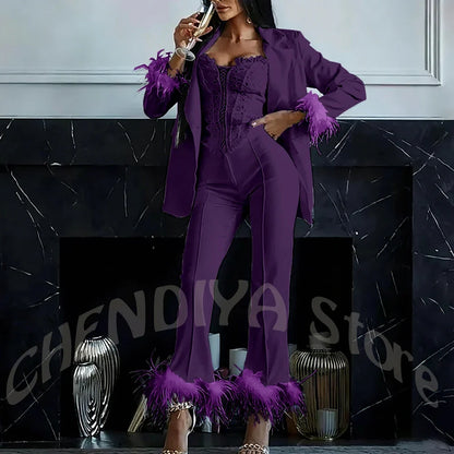 Women's Two Pieces Set Luxury 2026 Slim Fit Notch Lapel Glamorous Feather Blazer Formal Evening Party Tailored Made Outfit