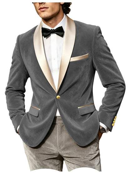 Men Velvet Tuxedo Jacket Champagne Satin Shawl Lapel Slim Fit Blazer Wedding Groom Party Prom Formal Western Dinner Suit Coat
