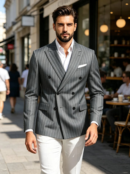 Men Striped Double Breasted Suit Jacket Notch Lapel Business Slim Fit Formal Blazer Elegant Lightweight Dress Coat For Prom Work
