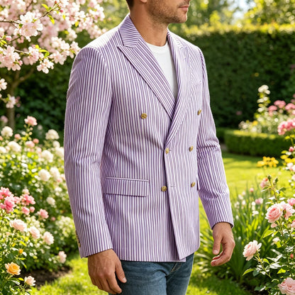 Vintage Men's Striped Double Breasted Blazer Casual Business Suit Jacket Lightweight Notched Lapel Sport Coat Wedding Party Wear