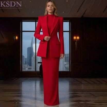 Formal Red Women Dress Suits Elegant Slim Fit Jacket With Long Skirts Customized Solid Color Occice Business Ladies 2 Piece