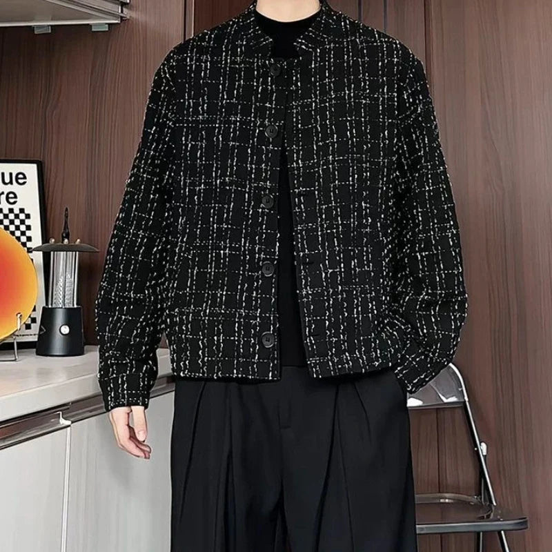 Men's Spring High-End Plaid Blazer Bad Boy Style Cropped Jacket Chinese Stand Collar Suit Outerwear