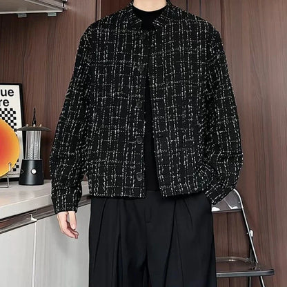 Men's Spring High-End Plaid Blazer Bad Boy Style Cropped Jacket Chinese Stand Collar Suit Outerwear