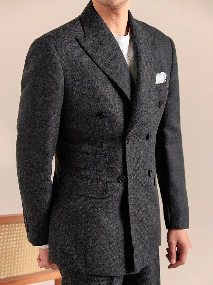 Business Men Work Two Piece Set Double Breasted Blazer Jacket Suit Matching Sets Slim Fit Autumn New Office Man Outfits Suits