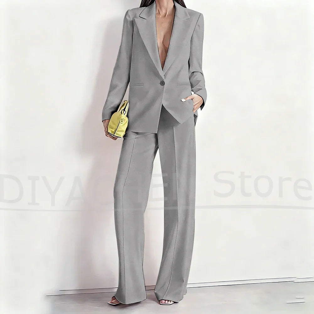 Women's Suit Set Peak Lapel One Button Blazer and Wide-Leg Pants Fashion Formal Casual Party Office Stylish Pants Sets Two Piece