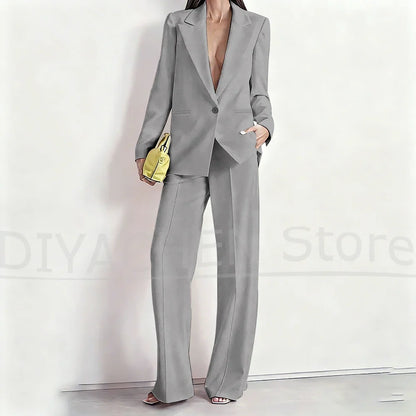 Women's Suit Set Peak Lapel One Button Blazer and Wide-Leg Pants Fashion Formal Casual Party Office Stylish Pants Sets Two Piece