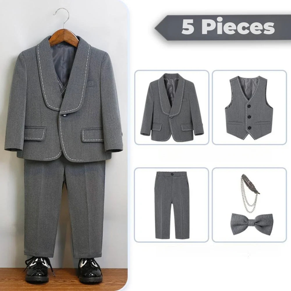New Arrival Boys Slim Fit Suits 5 Pieces Jacket Vest Pant Bow-tie Brooch Party Wear,Smart Handsome Shawl Lapel Suit Set On Sale