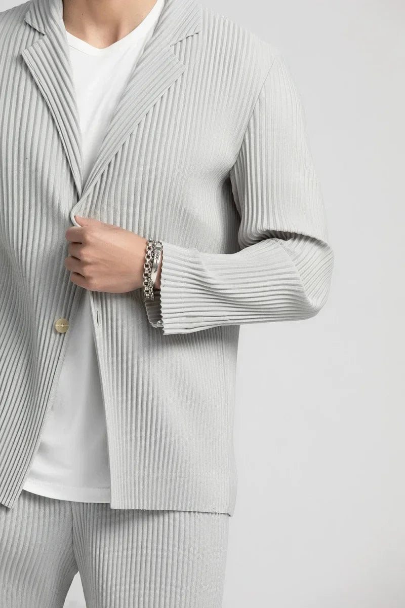 Men's Miyake Pleated Style Blazer Jacket Japanese Casual Stretch Slim Fit Business Office Fashion Luxury Wrinkle Resistant Coat