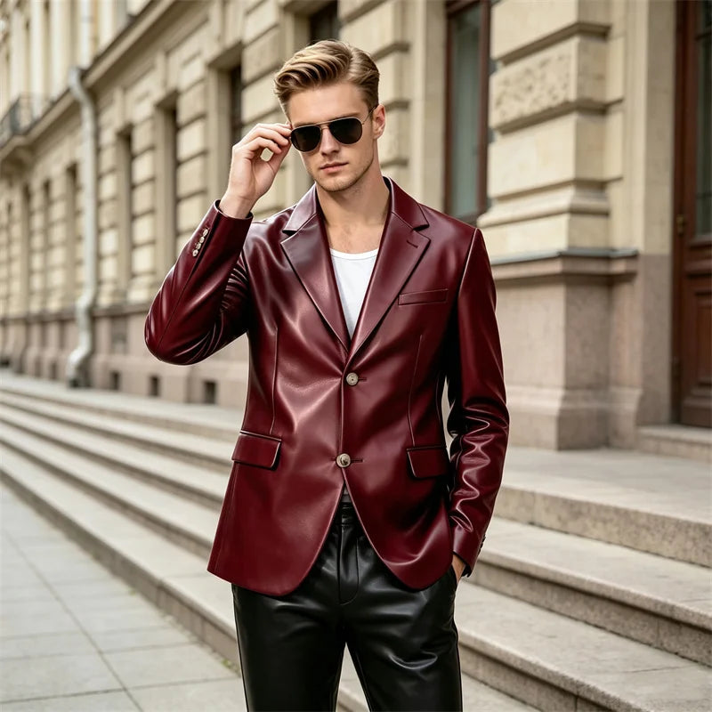 Men's Faux Leather Blazer Single Breasted Slim Jacket Fit Formal Outer Jacket for Business Wedding Party Business Daily Wear