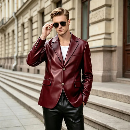 Men's Faux Leather Blazer Single Breasted Slim Jacket Fit Formal Outer Jacket for Business Wedding Party Business Daily Wear