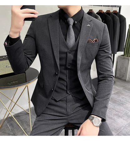 Plus Size S-7XL Man Korean Slim Fit Custom Groom Business Casual Tuxedo Blazers Vest Pant Casual Wedding Social Tuxedo Dress