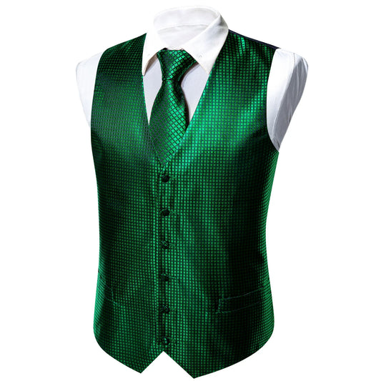 Men's V-Neck Vest 5-Piece Accessory Set – Emerald Grid Pattern for Holiday Balls & Banquets