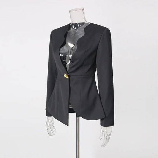 Women Blazer Elegant Stylish V-Neck Sexy Waist-cinching Single Button Asymmetrical Design Dark Style Chic Suit-Coat HK26874