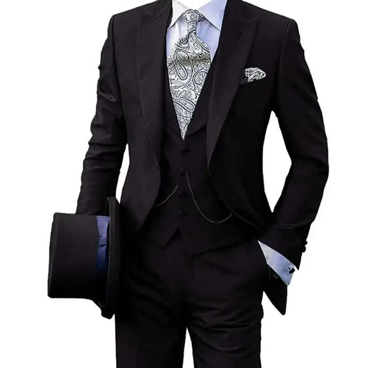 Men's Black Slim Fit 3-Piece Tuxedo Set with Peak Lapel Blazer Coat Pants Vest Casual Wedding Party Attire