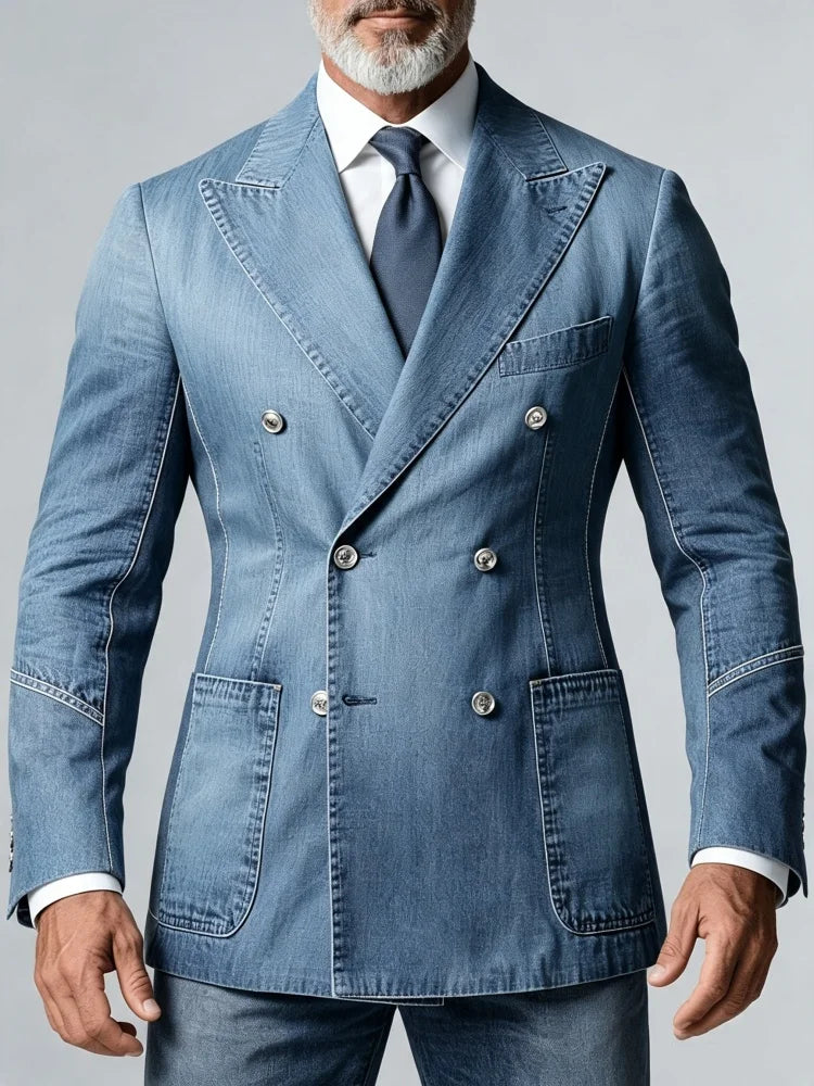 Mens Slim Fit Washed Faux Denim Double Breasted Blazer Vintage Daily Business Casual Jacket