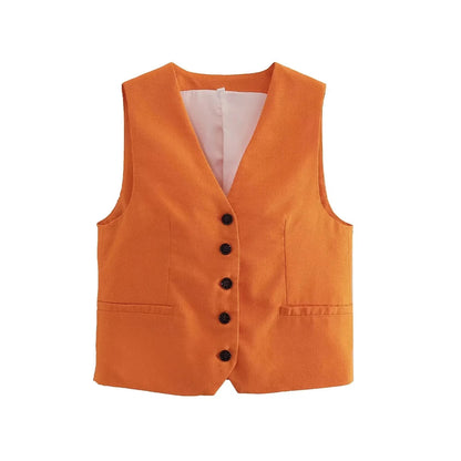 Women Fashion Front Button Linen Blend Waistcoat Vintage V Neck Sleeveless Female Outerwear Chic Vest Tops