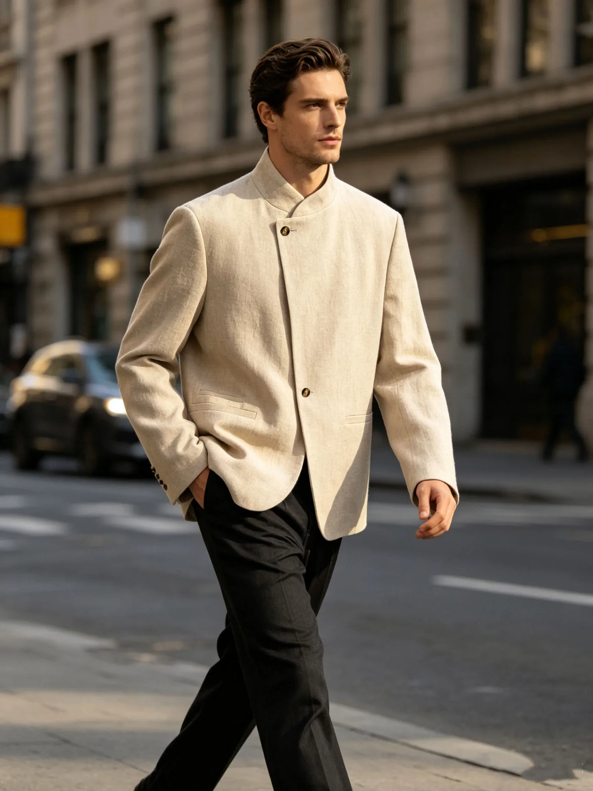  Mandarin Collar Men‘s Blazer Linen Blend Chinese Stand Collar Men Jacket Asymmetric Button Breathable Men Coat Wedding Party