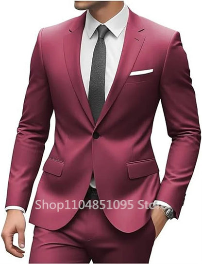 New Solid Slim Fit 2 Piece Wedding Men Suits Groom Tuxedos Formal Suit for Prom Party Busienss Best Man Notch Lapel Blazer Pants