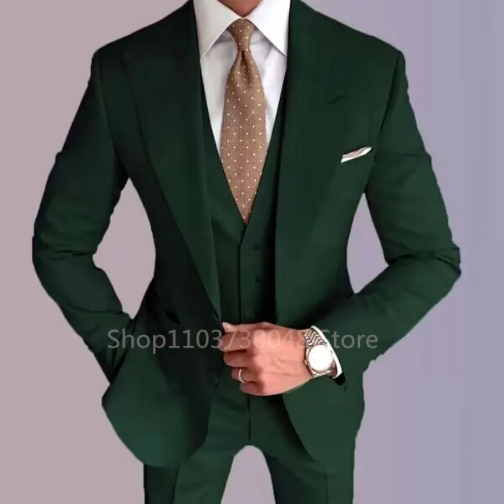 Formal Men's Groom Tuxedos Three-Piece Peak Lapel Suit Solid Jacket Vest Pants Party Prom Daily Casual Tuxedo Business Men Suits