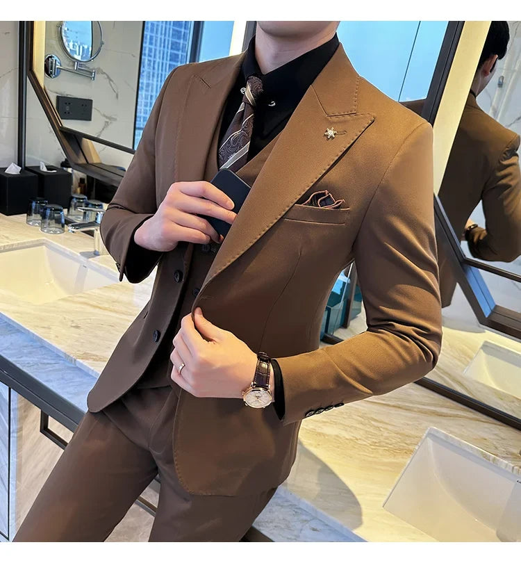 (Blazer + Vest + Trousers) 2024 New Men Formal Business Solid Suit 3 Pieces Set Italian Style Luxury Wedding Social Party Tuxedo