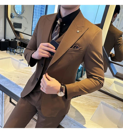 (Blazer + Vest + Trousers) 2024 New Men Formal Business Solid Suit 3 Pieces Set Italian Style Luxury Wedding Social Party Tuxedo