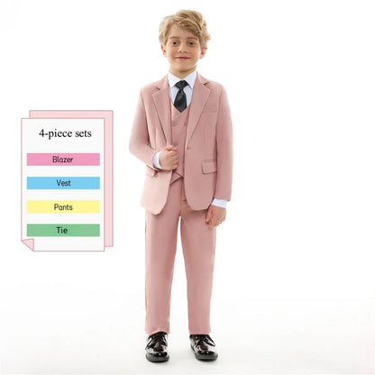 Boys 4-Piece Formal Suit Set – Single Breasted Peaked Lapel Kids Tuxedo for Weddings & Special Occasions