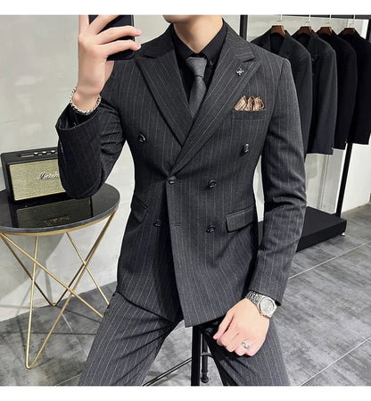 Slim Fit Double-breasted Striped Suit Vest Trousers 3-Piece Set Korean Fashion M-7XL Men's Fashionable Striped Three-piece Suit