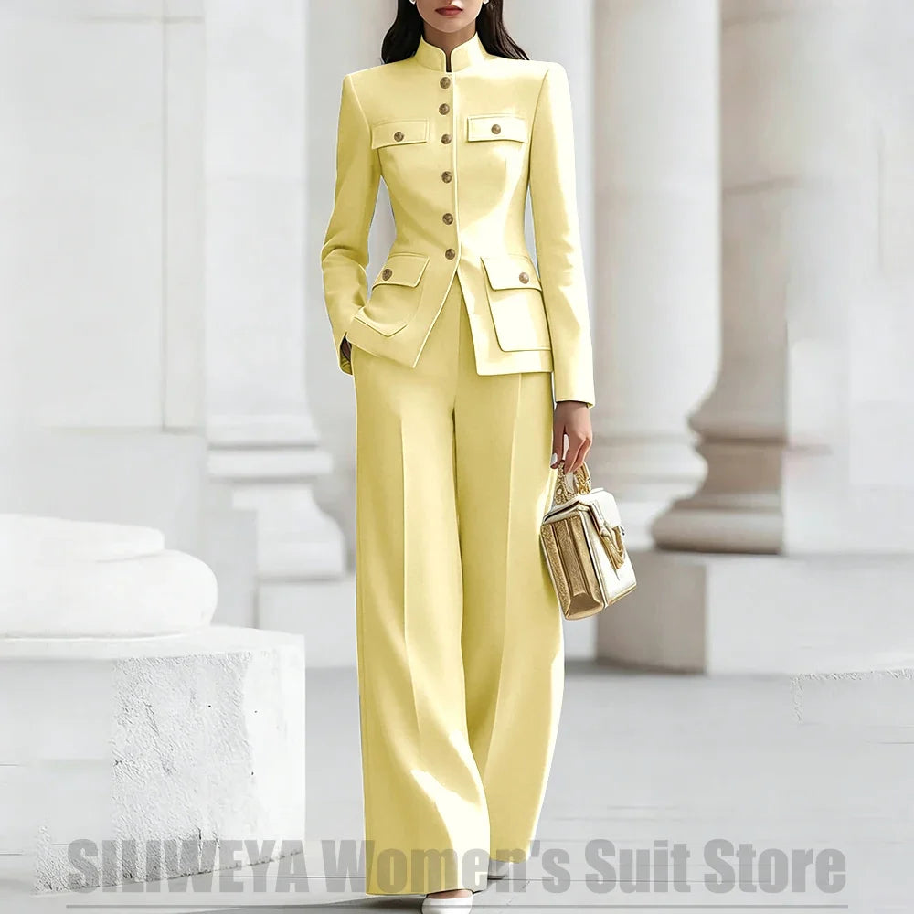 Women's Ivory Suit Mandarin Collar 2 Piece Military Style Gold Buttons Blazer Wide Leg Pants Wedding Party Prom Lady Suits