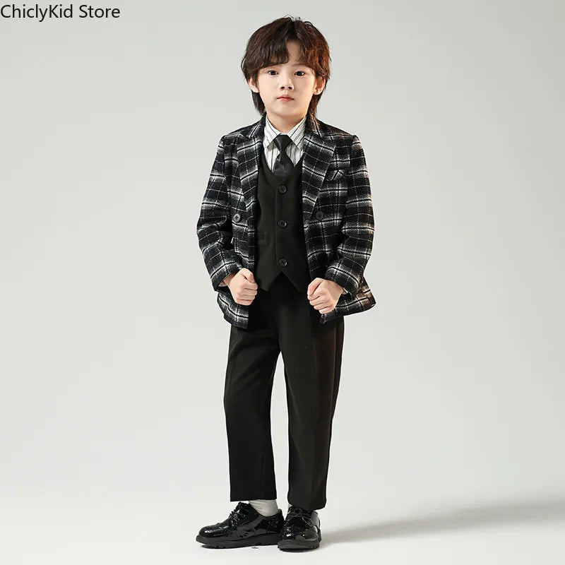 Boys British Double Breasted Blazer Jacket Pants Children Suit Waistcoat Wedding Clothes Sets Toddler Formal Dress Kids Tuxedos