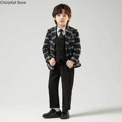 Boys British Double Breasted Blazer Jacket Pants Children Suit Waistcoat Wedding Clothes Sets Toddler Formal Dress Kids Tuxedos