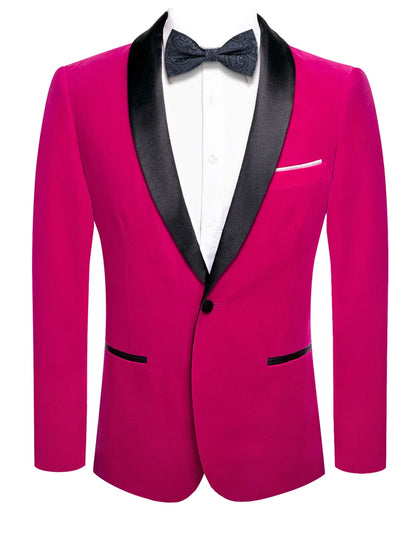 Fuchsia Solid Mens Tuxedo Blazer, Black Satin Shawl Lapel Single Button Slim Jacket for Wedding Banquet Stage Party